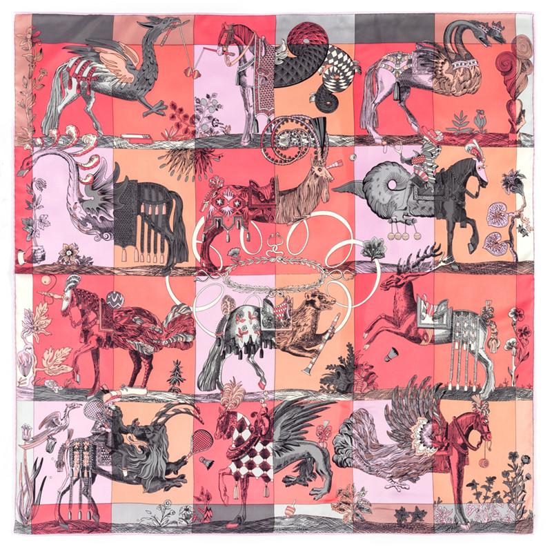 Luxury  Twill Silk Large Scarf Women Handmade Curling Horse Rider Animal Female Twill Square Shawl Fashionbelt Squarescarve
