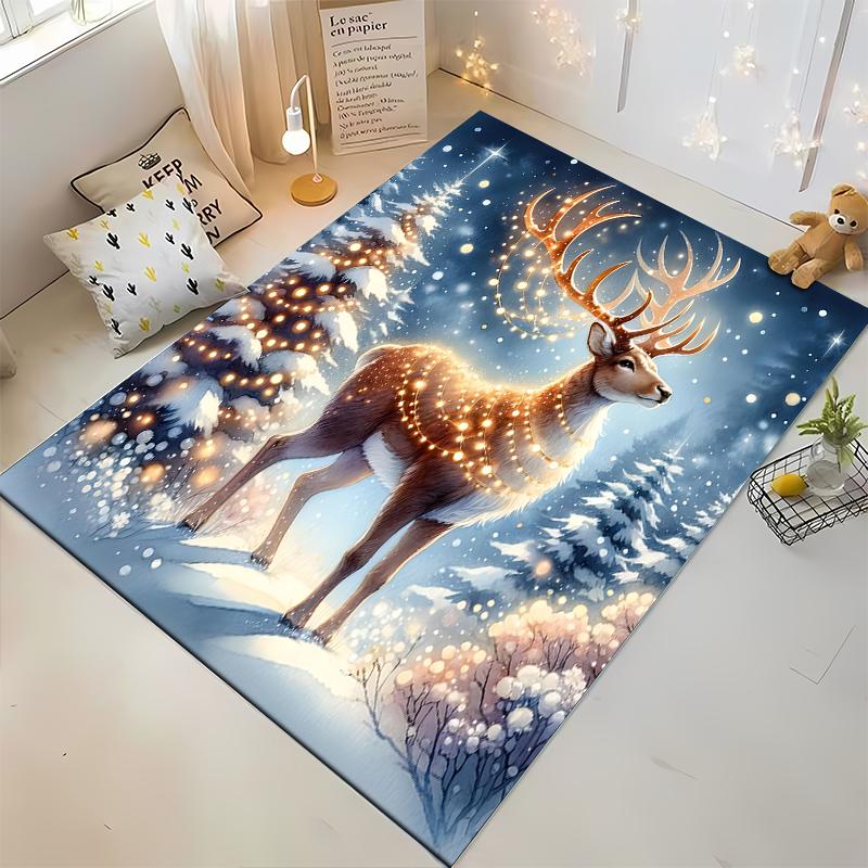 "Winter Deer Carpet with Snowy Forest Lights, Elegant Home Decor" Suitable for use as an anti-slip for living room bedroom sofas