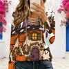 Women Plus Size V Neck Long Sleeve Halloween Printed Eyelet Chain Lace Up Top