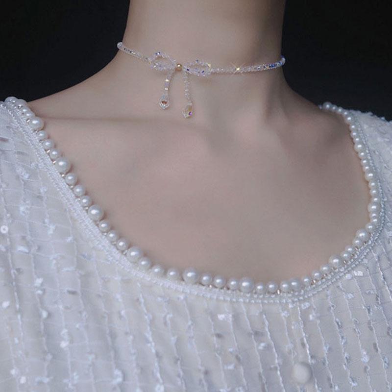 Vintage Big Bow Transparent Crystal Trendy Necklace Pearl Bead Choker Personality Elegant Sweet Short Chain Party Jewelry