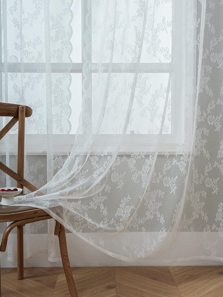 1PC White Romantic Lace Curtain Sheer for Living Room Bedroom Bay Window Rose Floral Design Country Style Window Treatment