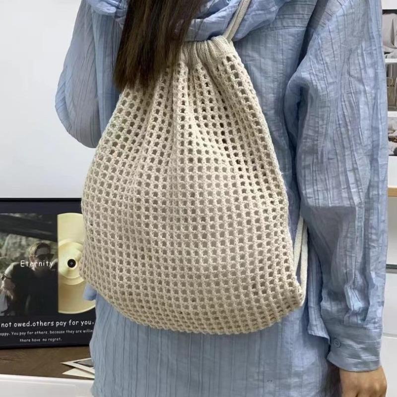 Simple woven mesh pocket drawstring backpack fashionable versatile shoulder bag large capacity messenger bag tote bag