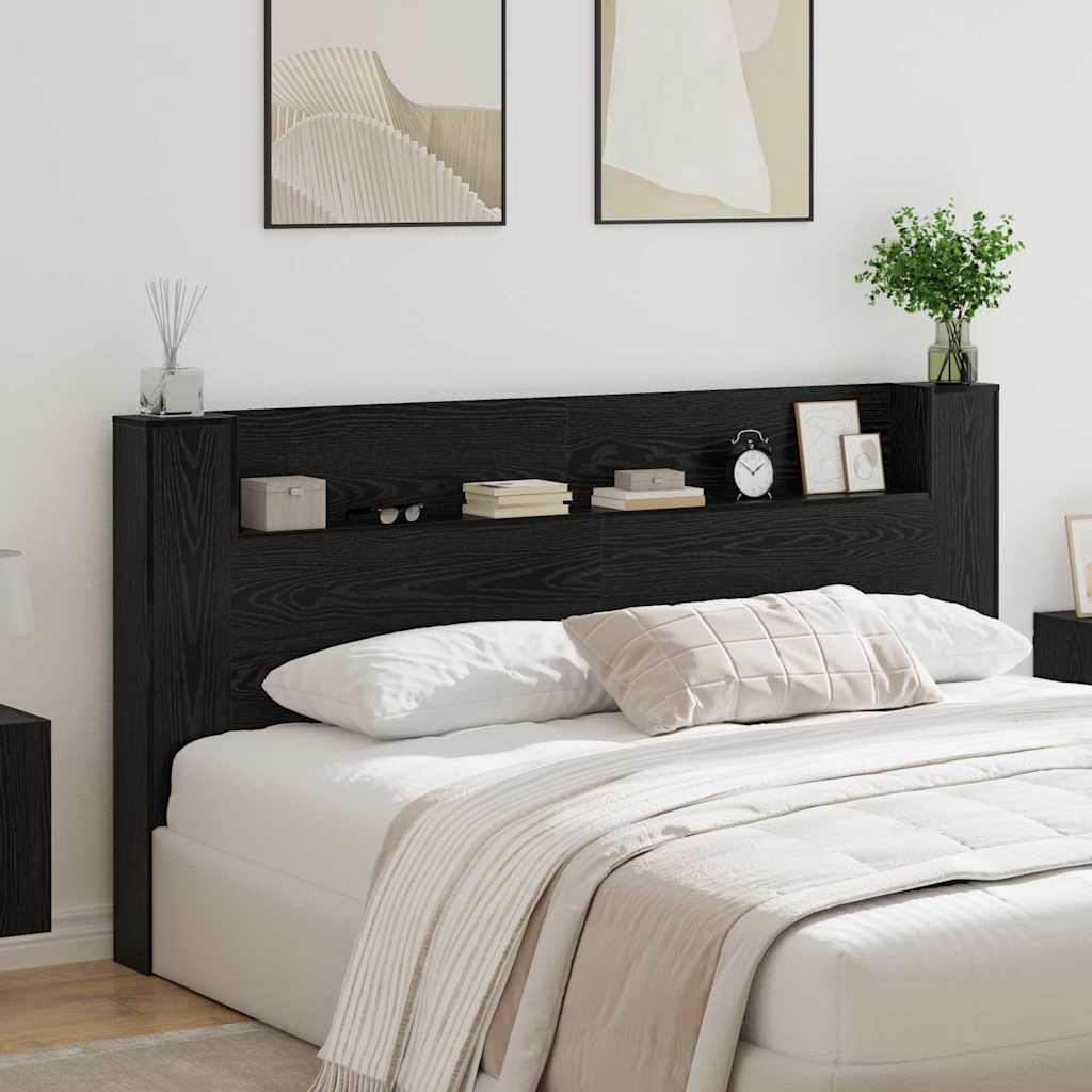Storage Headboard with LED Lighting Black Oak Wood Based Material