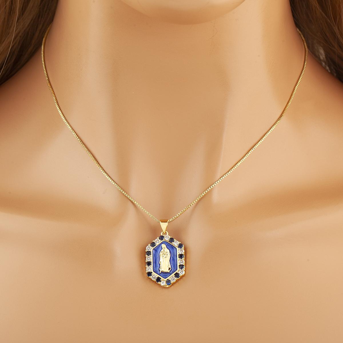 Nidin High Quality Catholic Virgin Mary Pendant Necklace Blue Enamel Copper Inlaid Zircon Religious Jewelry For Women Gifts