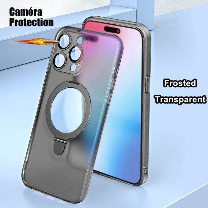 Coque pour iPhone 15, Antichoc Anti-Rayures Rigide avec Support Magnétique Rotatif et Protection Caméra - Translucide Noir