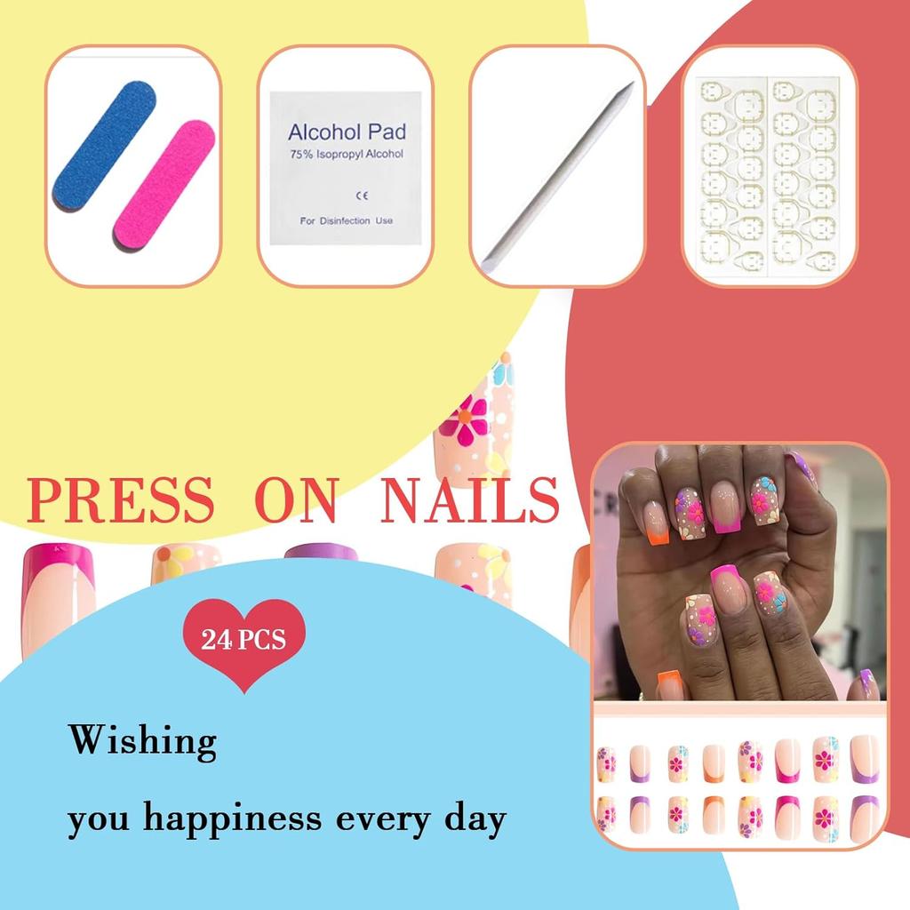JUHUI Flower Press on Nails Short Square False Nails with Floral Design Orange Purple French Tip Nails 24Pcs