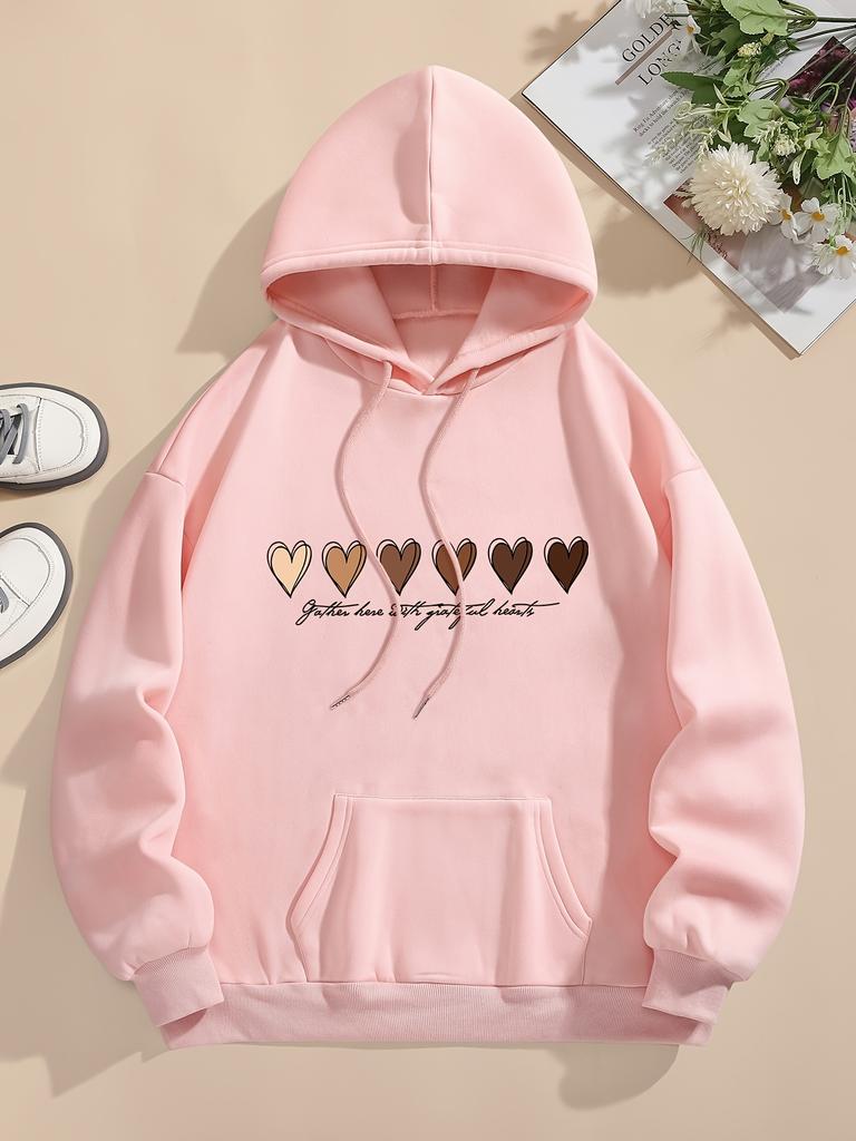 Damska bluza z kapturem i nadrukiem serca, wygodna, ściągana sznurkiem, z długim rękawem, wygodna, codzienna odzież