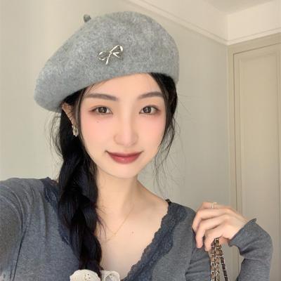 Boina de Lã com Laço para Mulheres Estilo Japonês Doce e Versátil Temperamento Moda Retrô Chapéu de Pintor Tendência