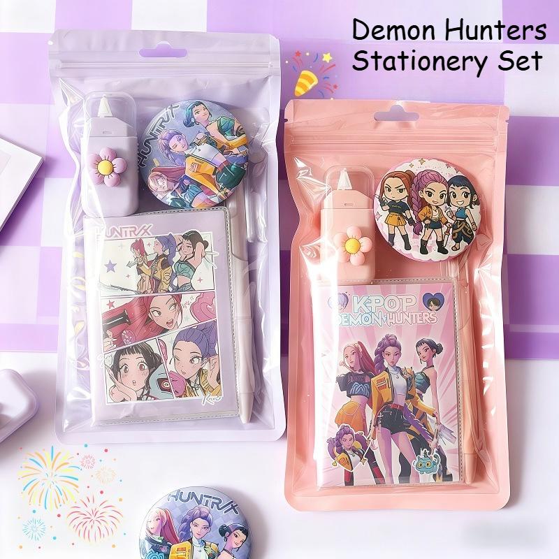 Demon Hunters 4-in-1 Cartoon Kids' Stationery Set, Including Correction Tape, Notebook, Pen and Badge, Ideal Gift for Students