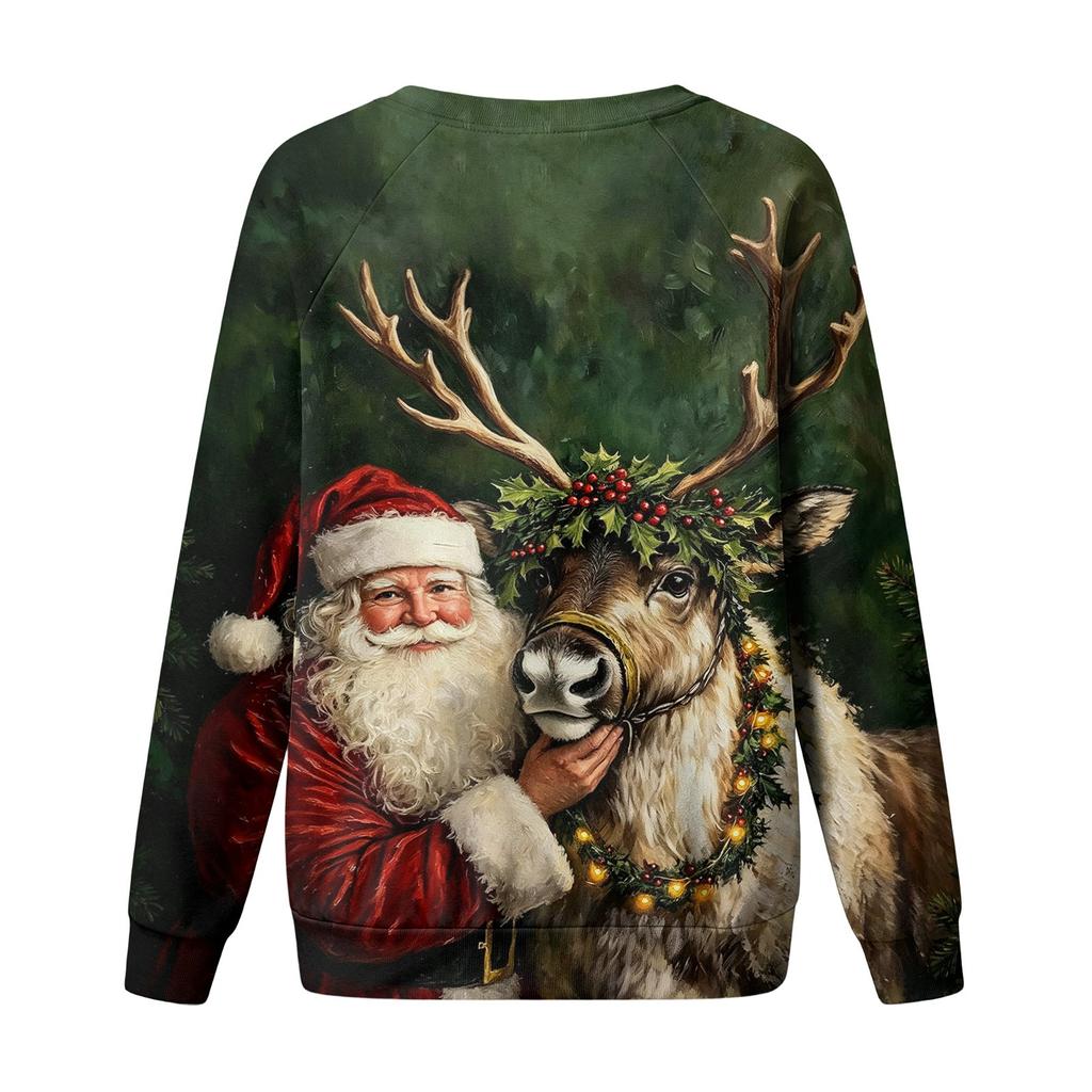 Women's Casual Christmas Print Neck Raglan Long Sleeve Pullover Sweatshirt