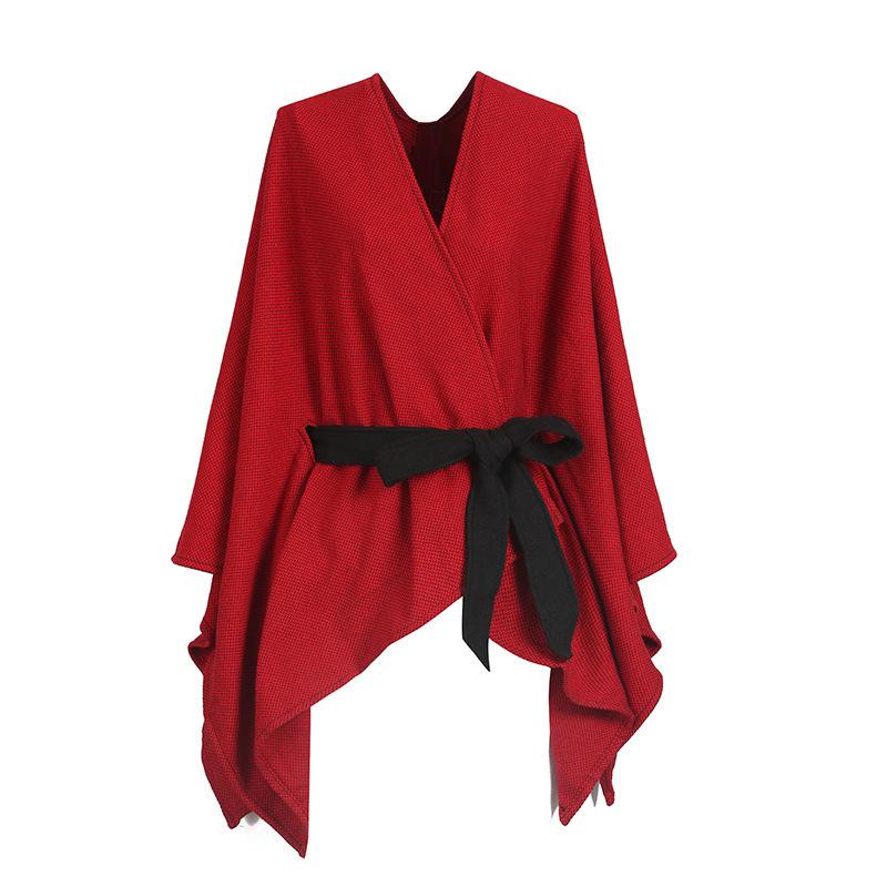 

Монохромный поясной разрезной вязаный платок тканый плащ теплый шарф для женщин 130*150CM красный