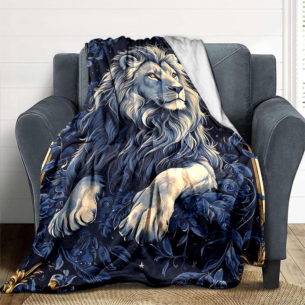 1pc Lion Floral Print Blanket - Lightweight Flannel Throw Blanket For Sofa, Bed, Living Room, Office, Outdoor Travel, Camping, Soft All-Season087