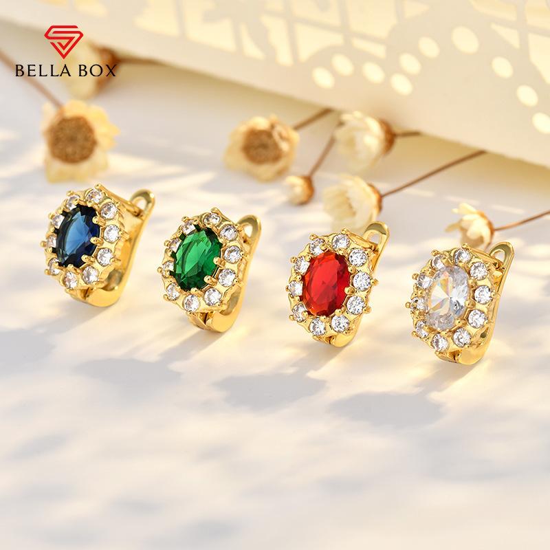 BELLA BOX New European and American fashion gold ear buckle women's zircon emerald earrings and jewelry