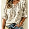 Women's Pale Blue Tiny Floral Star Print Tie Split Neck Ruffle 3/4 Sleeve Soft Loose Spring Daily Blouse