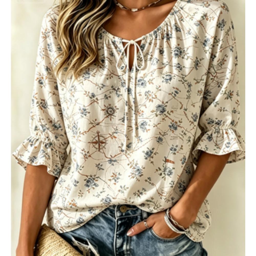 Women's Pale Blue Tiny Floral Star Print Tie Split Neck Ruffle 3/4 Sleeve Soft Loose Spring Daily Blouse