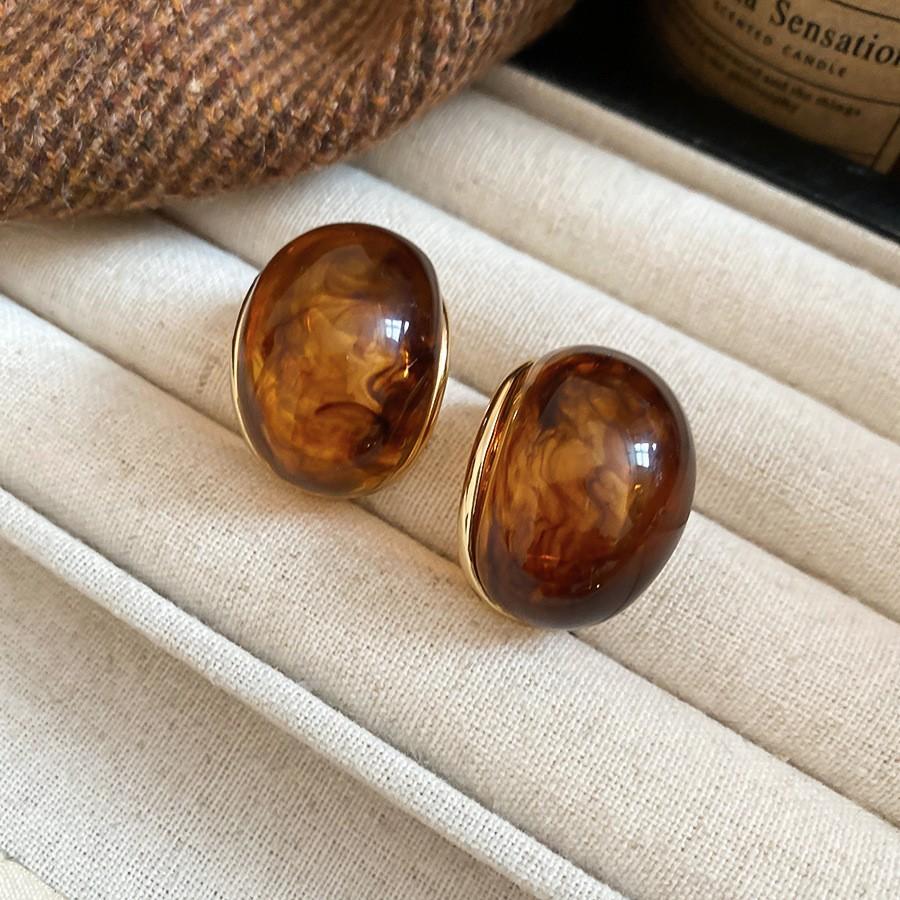 Silver Needle Retro Resin Geometric Round Oval Pendant Earrings Maillard Style Stud Earrings Niche Design Earrings Women