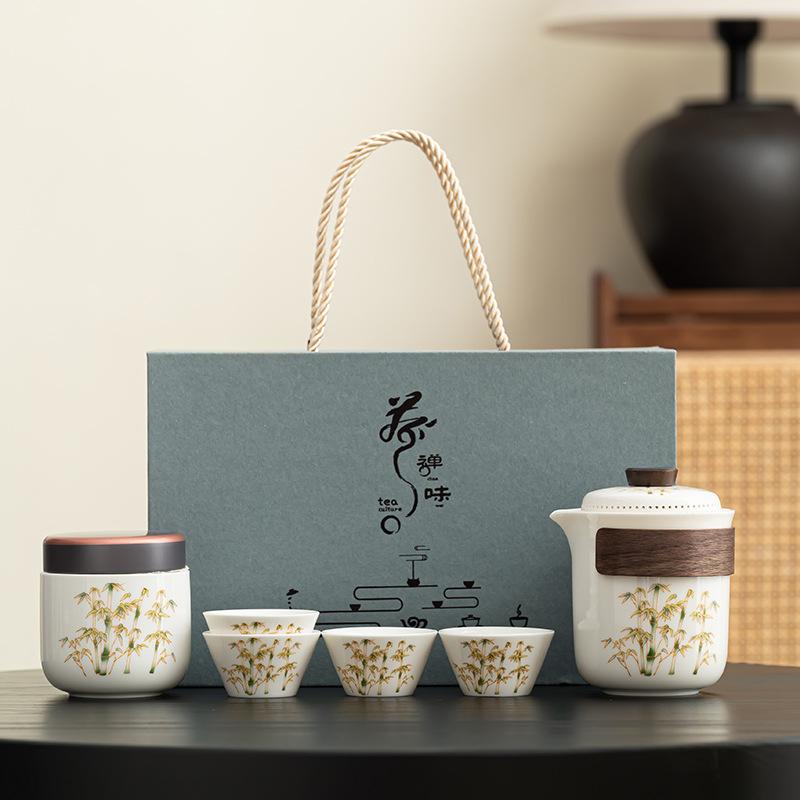 Guochao White Porcelain Tea Set Golden Silk Teapot High-end Thousand Miles of Jiangshan Gift Box