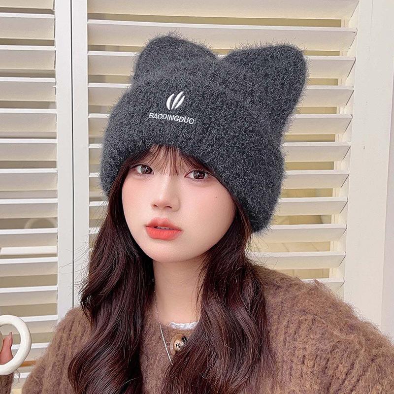 Japanese Cute Woolen Hat for Women in Autumn and Winter Fashion Versatile Ear Protection Pullover Hat Big Head Circumference Cat Ear Knitted Hat