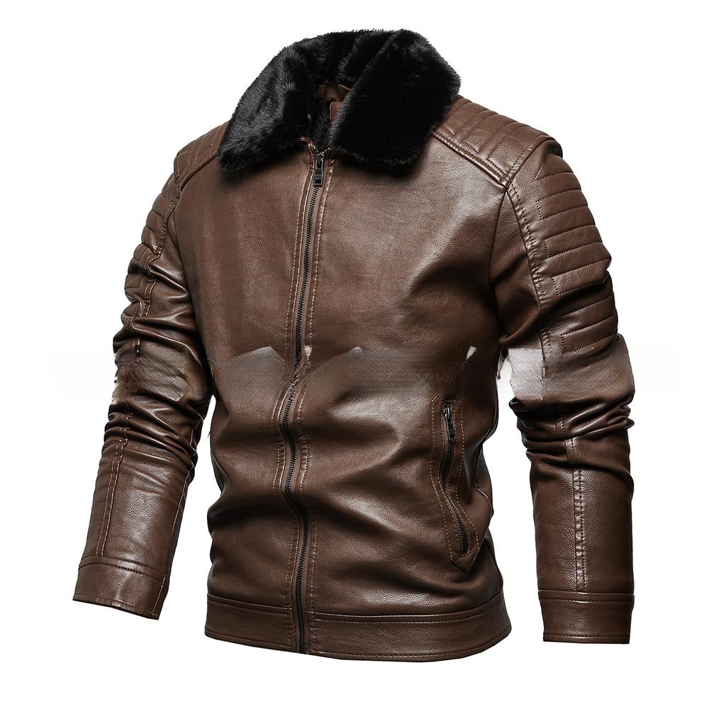 New Winter Fashion Coat Men's Fleece Thickened Fur Collar Removable Men's Leather Jacket European and American Men's Clothing