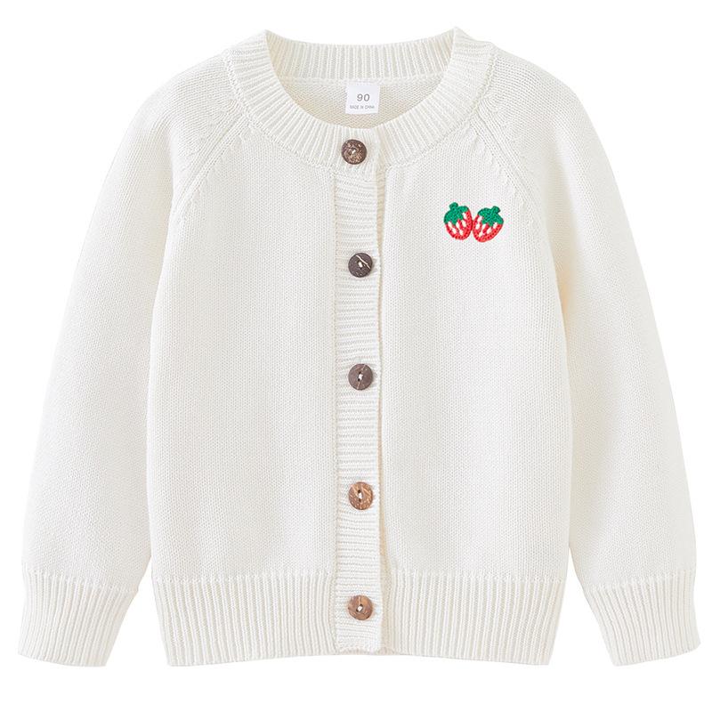 

Весенне-осенний детский свитер, куртка с длинным рукавом, из чистого хлопка, с клубничным принтом, с круглым вырезом, вязаный кардиган для девочки, шерстяной топ 90cm белый