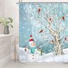 Snowman Cartoon Christmas Winter Shower Curtain Merry Christmas Red Bird Snowy Pine Bathroom Decor Polyester Bathtub Curtain