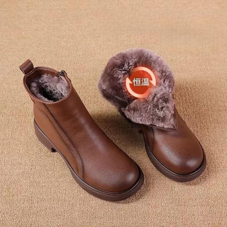 Boots Thick-soled Thick-haired Comfortable Medium-heeled Short Boots Winter Side Zipper Cotton Boots Warm Soft-soled Leather Boots