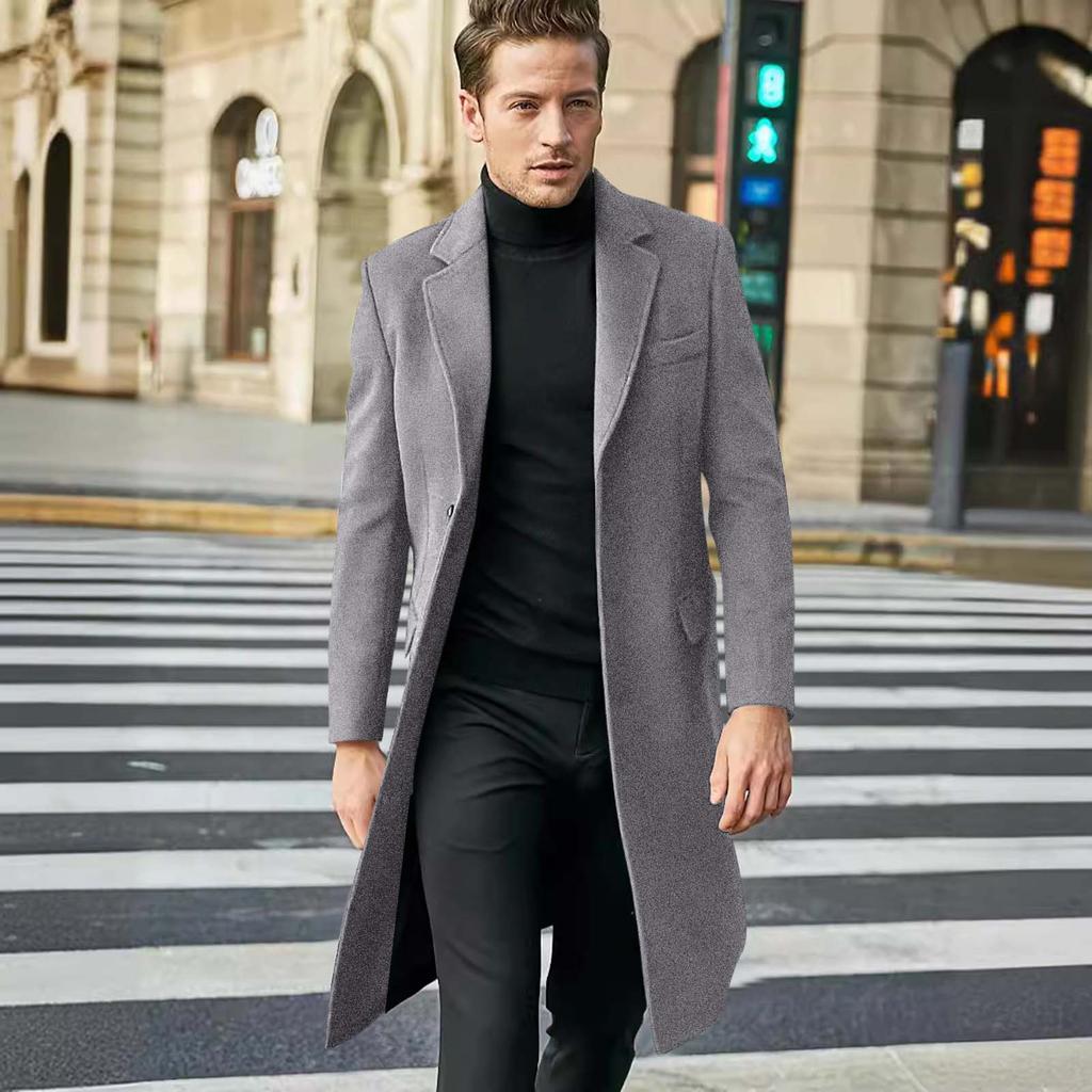 Herre Lang Ensfarget Enkeltkneppet Langermet Ullkåpe Casual Slim Trendy Vindjakke