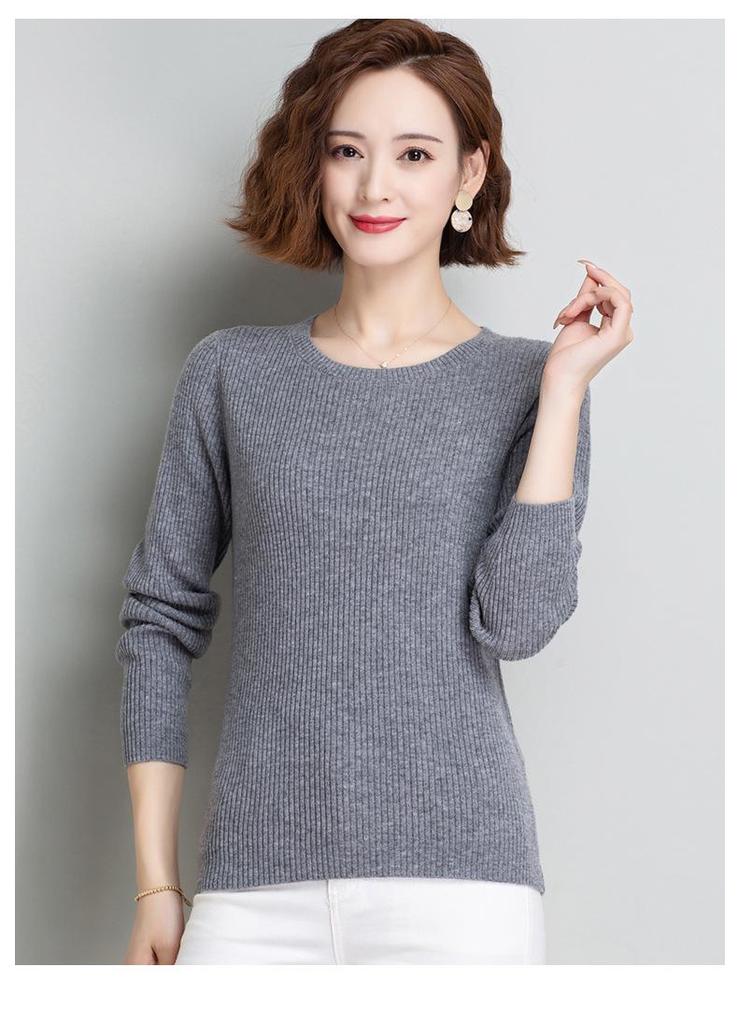 Hengyuanxiang Women's Pure Wool Round Neck Sweater - Solid Color Casual Knitwear for Spring, Autumn, and Winter