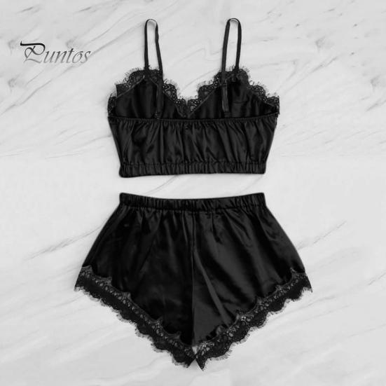 Dámský dvoudílný pyžamový set Krajkový lem Výstřih do V Cami Crop Top Šortky s elastickým pasem Ležérní bez rukávů Noční oblečení Lounge set
