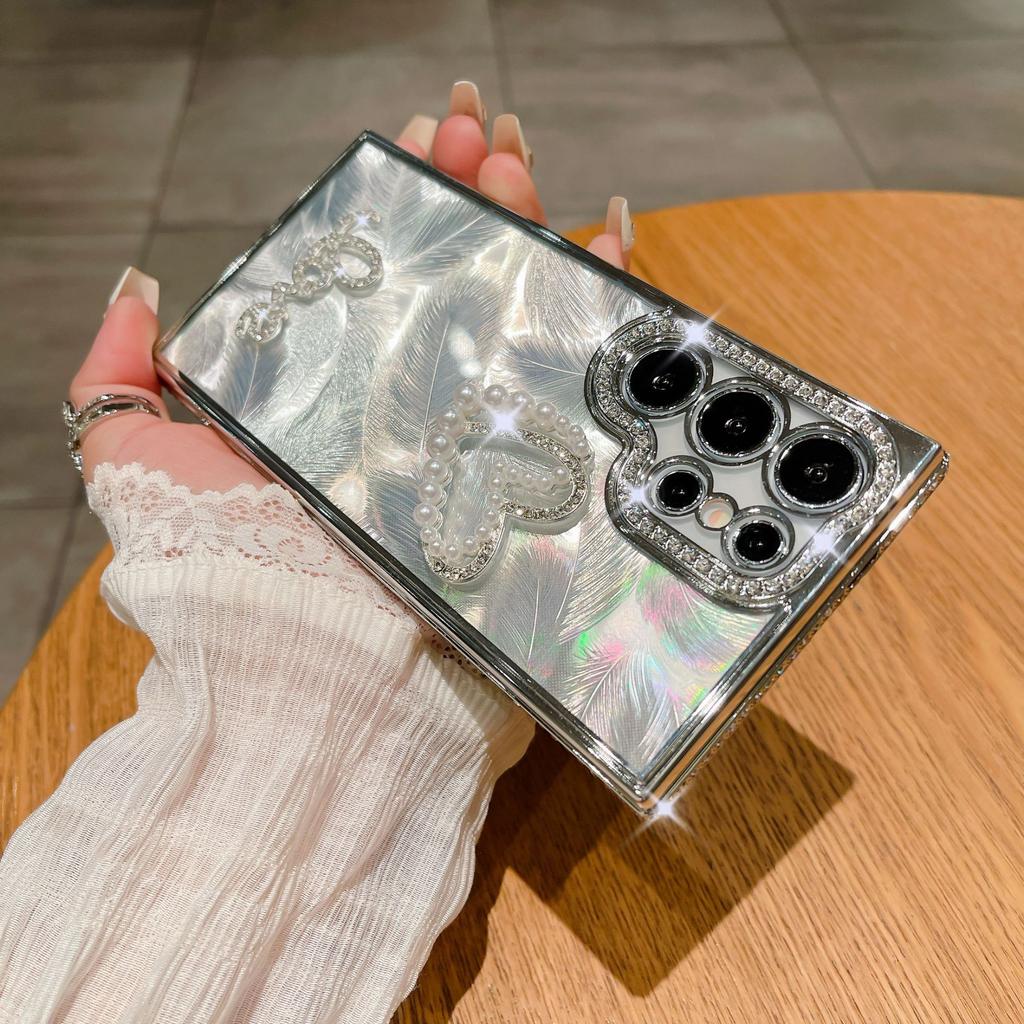 Suitable for Samsung S24 Ultra Mobile Phone Case Luxury Rhinestone S23 Laser Feather A73 Diamond Inlay Love A24 Soft Case