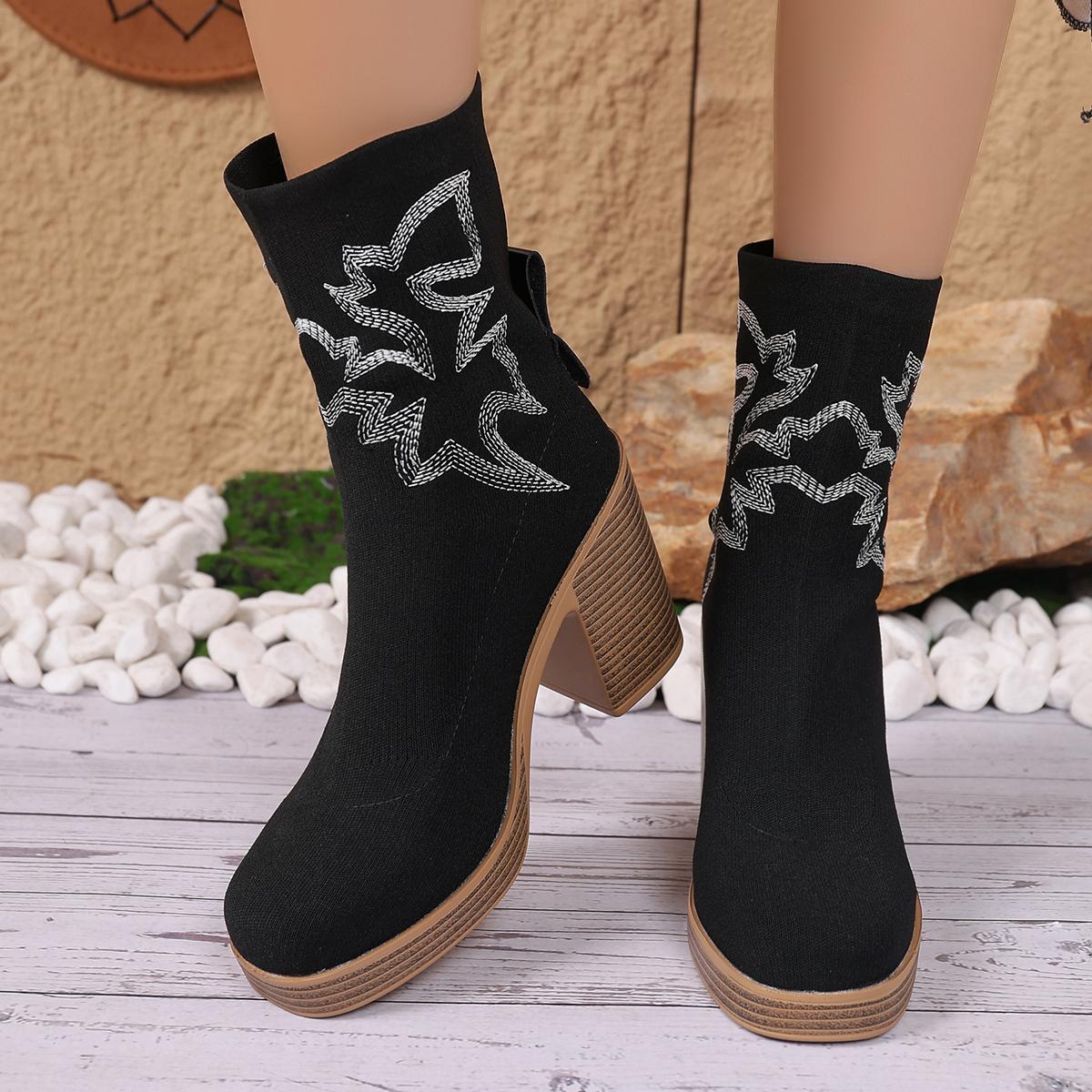 

White Geometric Pattern Sock Boots Women Autumn Square Toe High Heel Mid Calf Western Cowboy Boots Sexy Slip On Shoes 42 чёрный