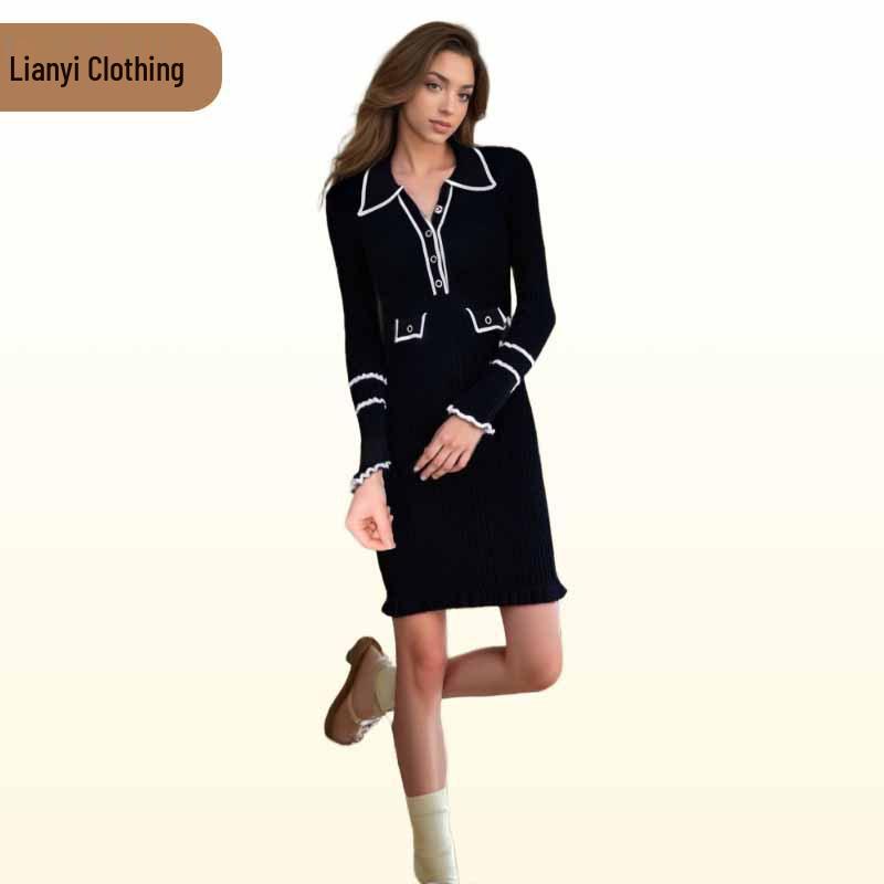 Autumn/Winter Women's Colorblock Knitted Waist-Hugging Long-Sleeve Dress with Turn-Down Collar.