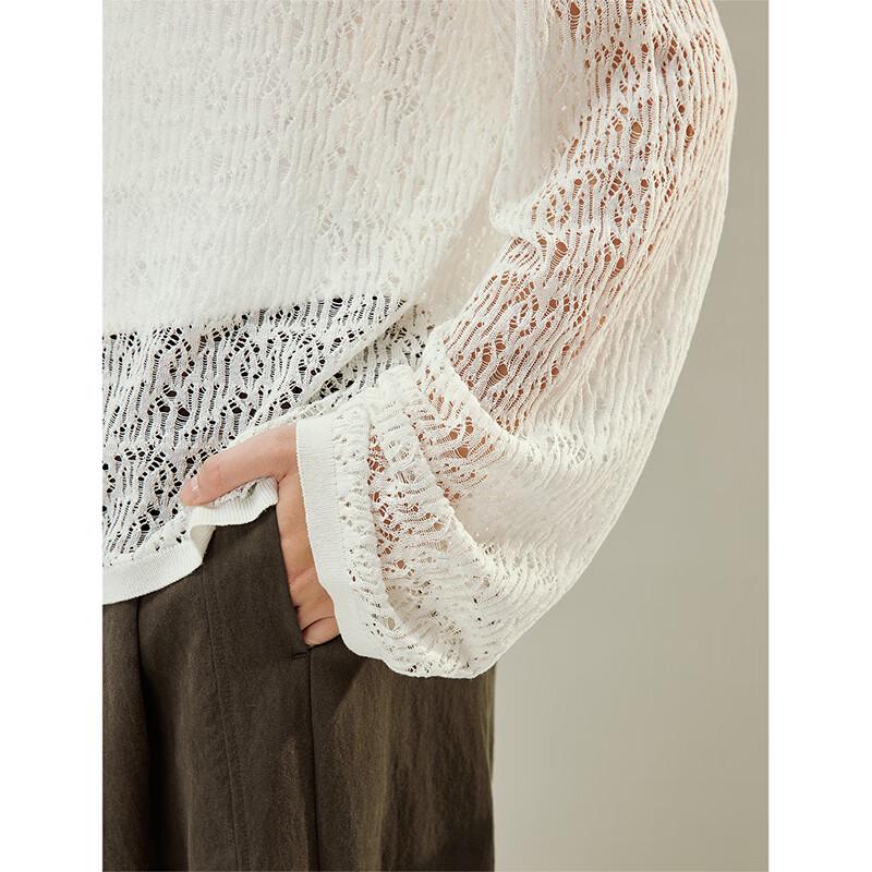 INMAN Women's Lyocell Linen Hollow Knit Drop Shoulder Top