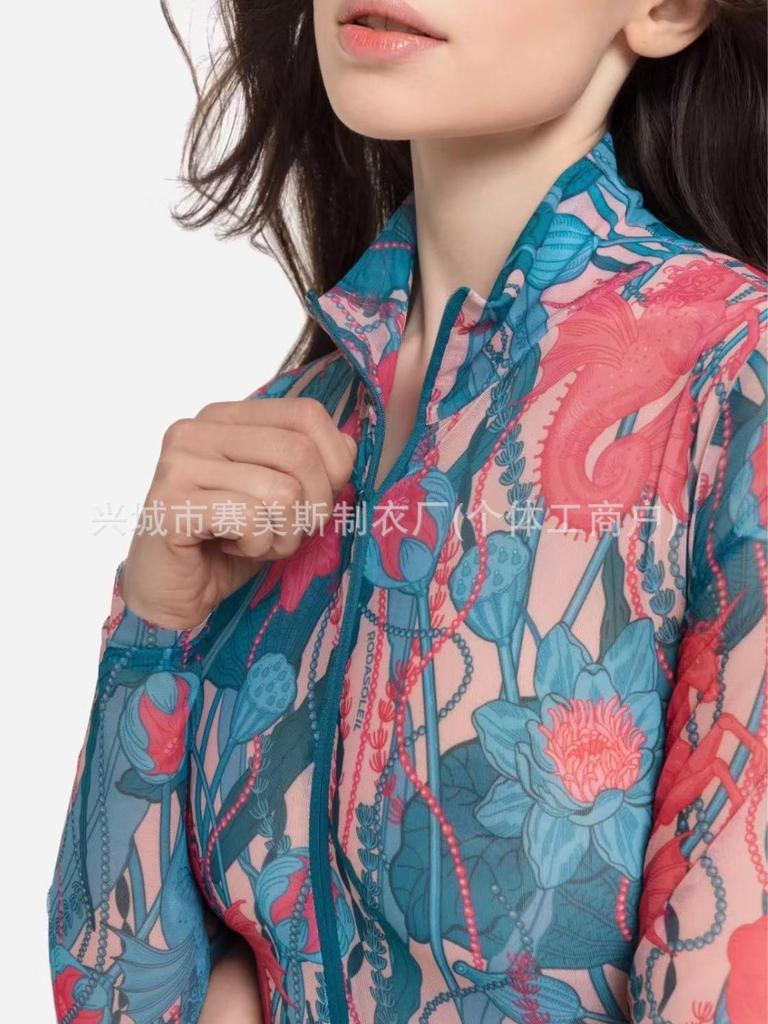 Women's Russian Printed Sexy Long-Sleeve One-Piece Surf Swimsuit with Ozon Briefs
