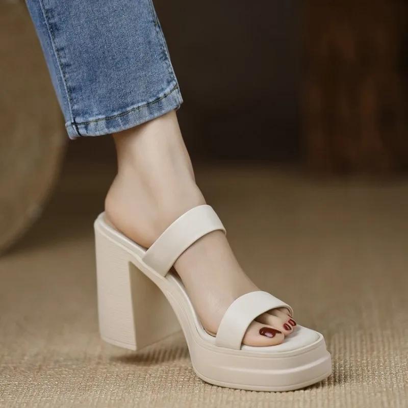 Ladies Square Toe Platform Block High Heels Slide Ladies Fashion Casual Slippers Summer Spring 40