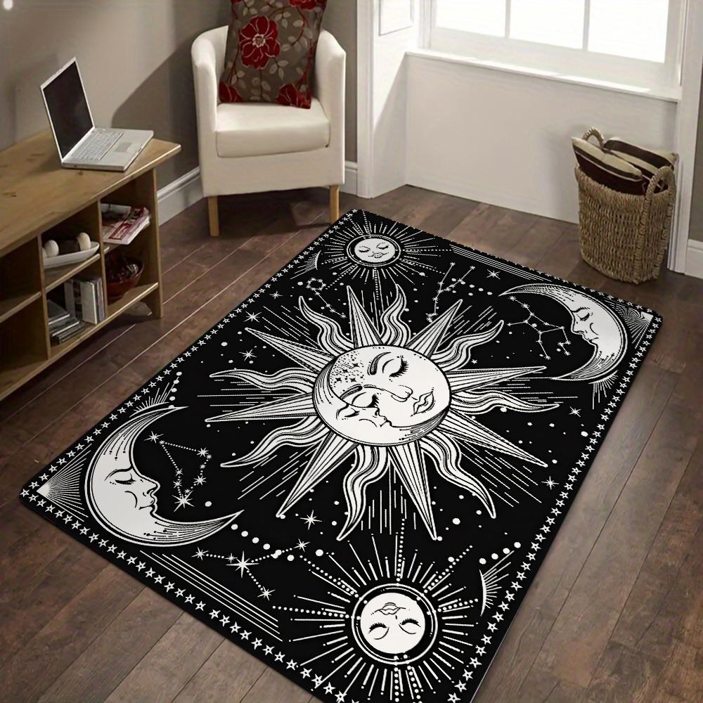 Black Mysterious Sun and Moon and Star Print Area Rugs Home Living Room Bedroom Large Carpet Non-slip Machine Washable Floor Mat