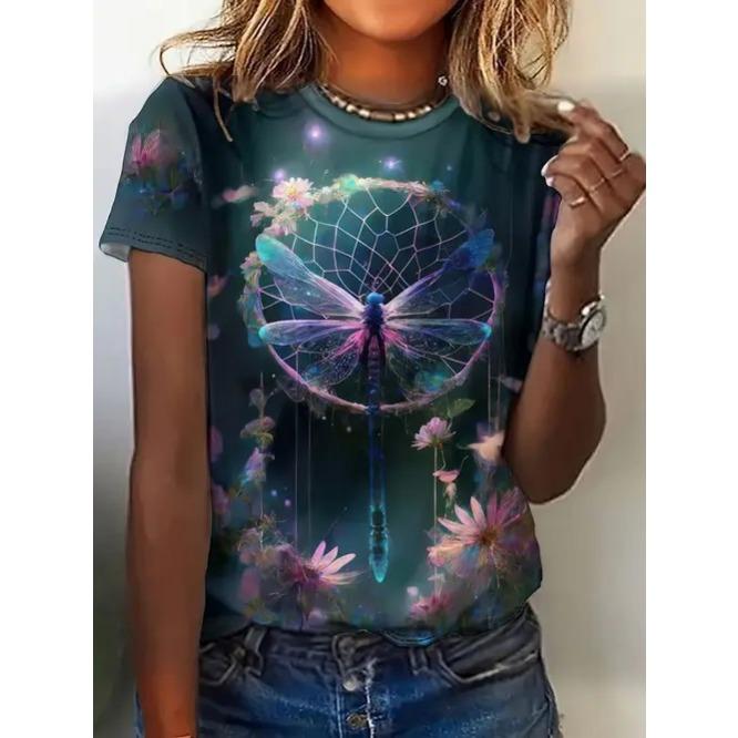 

Summer Round Neck 3D Flower Butterfly Pattern Print Top Fashionable Casual Retro Short Sleeved Women s T-shirts 6XL
