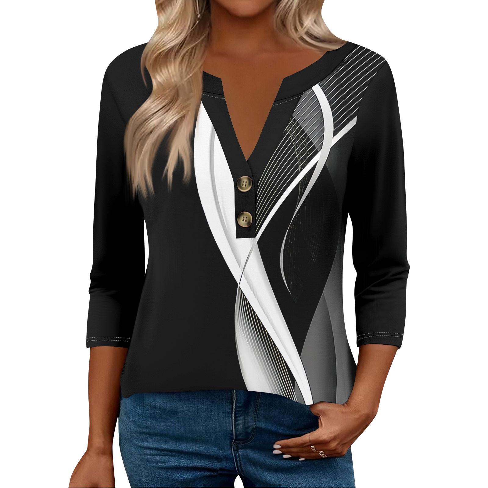 

Жіночі топи з рукавом 3/4 для жінок, топи хенлі на ґудзиках з V-подібним вирізом, ошатні літні жіночі топи вільного крою XXL чорний