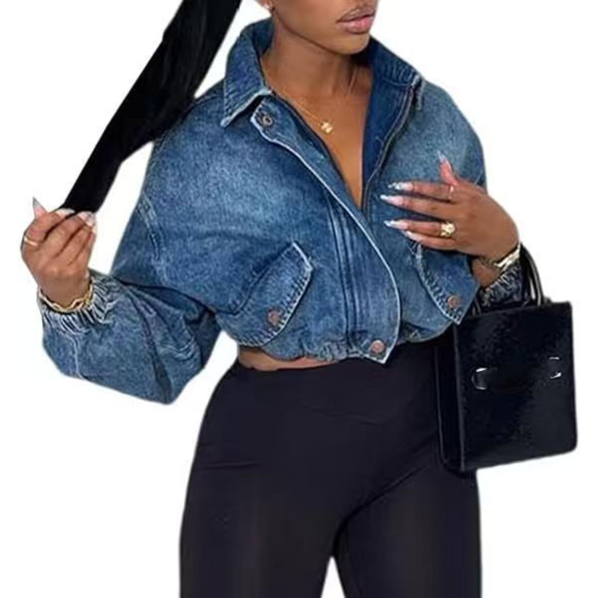 Women s Lapel Long Sleeve Cropped Denim Jacket Loose Fit Drawstring Waist Casual Jean Outerwear S