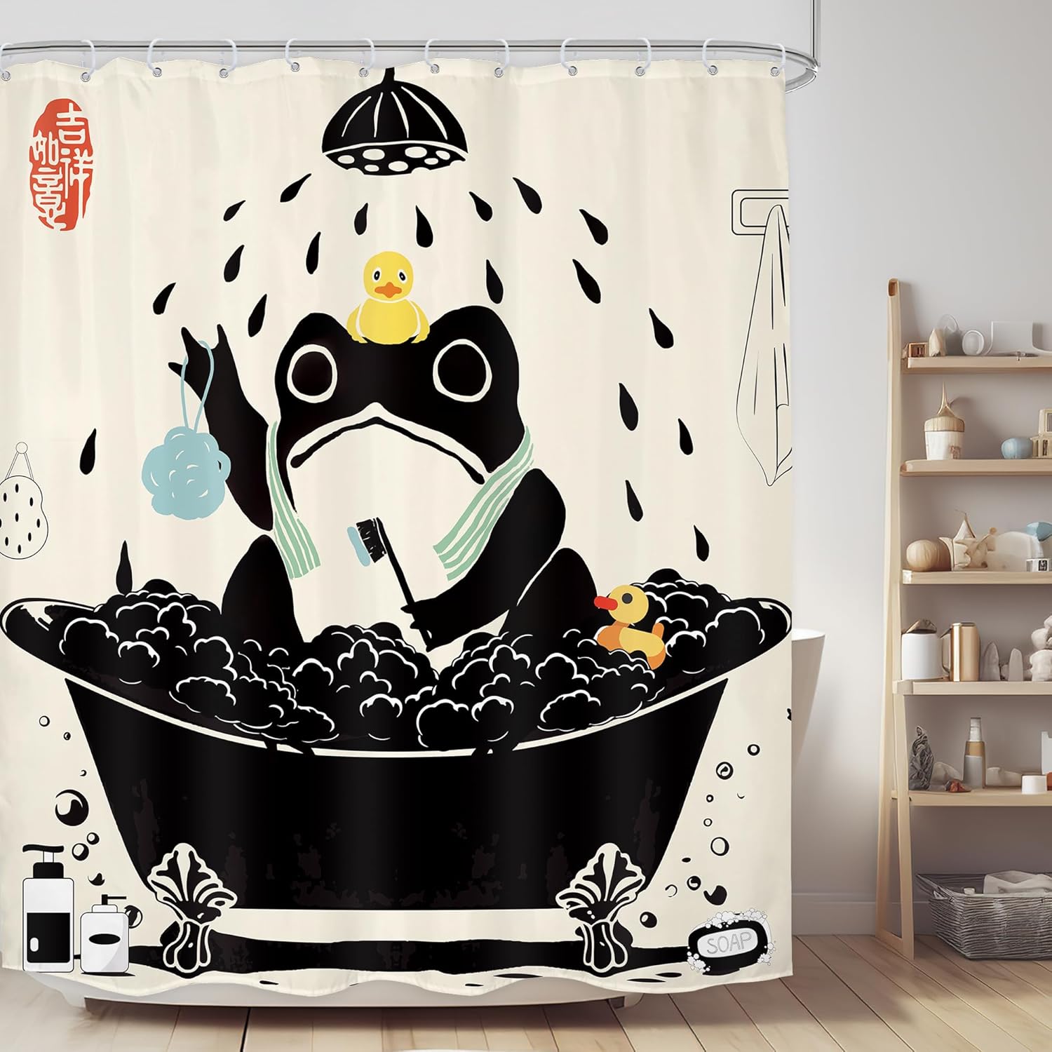 

Frog Taking Shower Cartoon Shower Curtain Funny Animal Art Yellow Duck Bath Scene Black White Design Boho Bathroom Decor W60H190(CM)-1 Pcs
