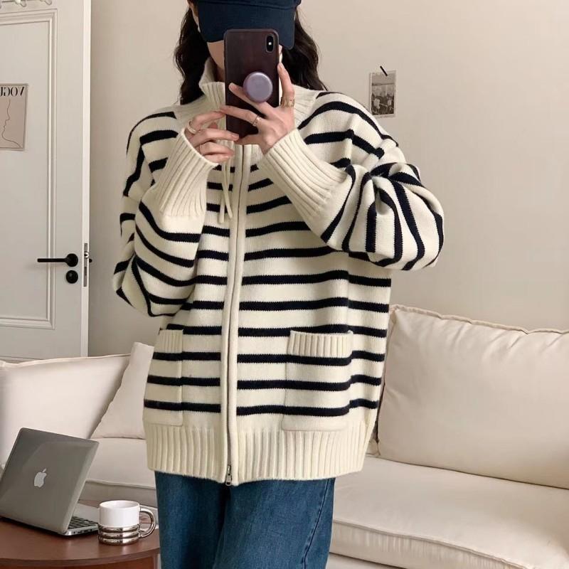 Lapel double zipper knitted cardigan fashion striped soft waxy color matching retro casual double pocket sweater jacket
