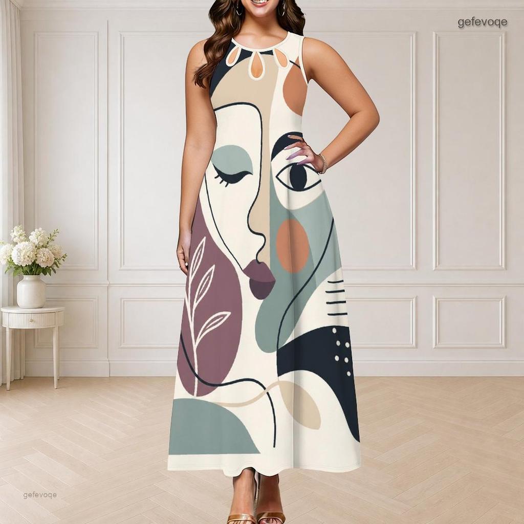 Women Plus Size Sleeveless Round Neck Triple Keyhole Cutout Abstract Print Maxi Dress