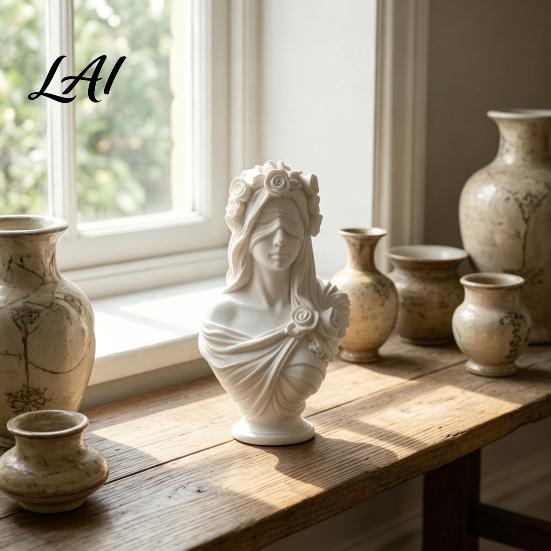 Elegant Retro Sculpture Decor 3D Printed Blindfolded Lady Bust Sculpture White Flower Veil Sculpted Rose Crown Statues Female Statue Artistic