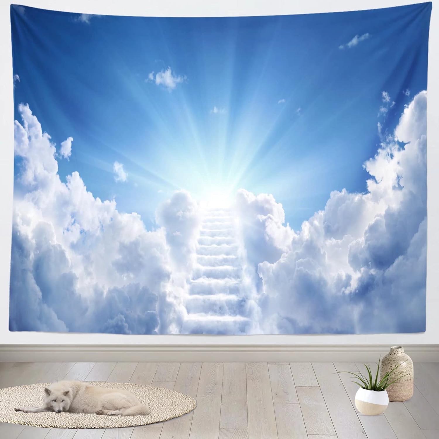 Jmg Household Supplies Unisex White/Blue Cloud Stairway Tapestry, Minimalist Cloud Stairs With Sunburst On Sky Print Wall Hanging For Serene And Bright Home