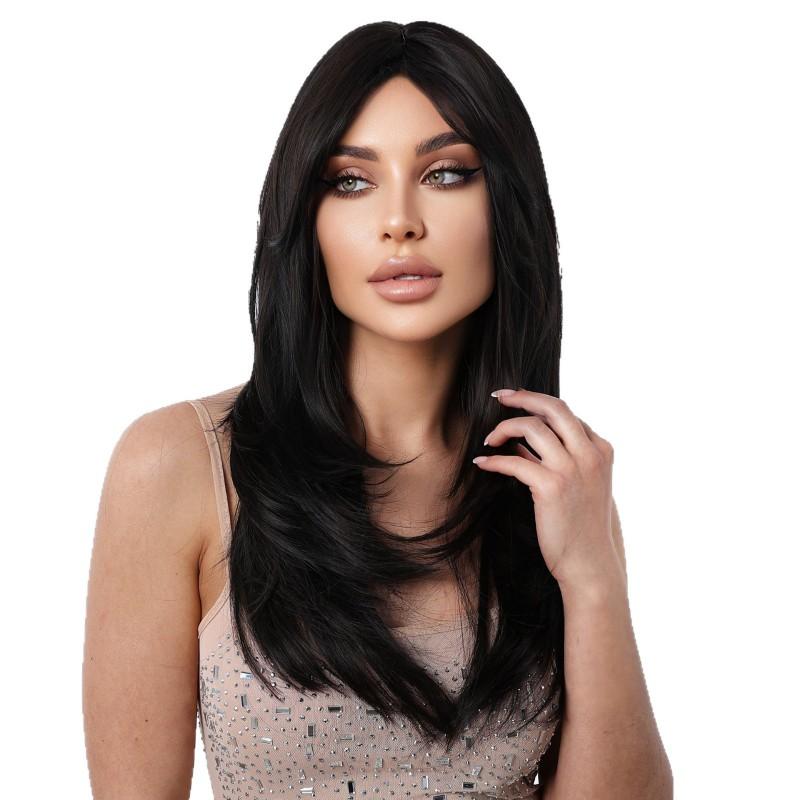 Womens Layered Long Straight Wig With Side-Swept Bangs Synthetic Heat-Resistant Fiber Full Cap Black Brown