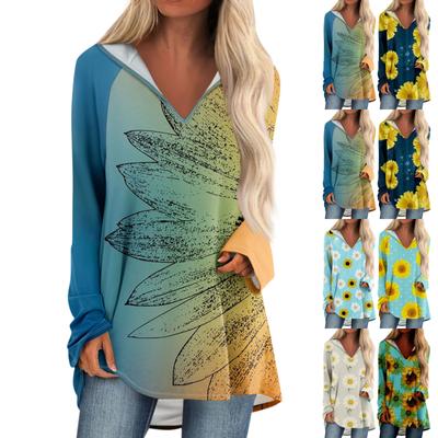 Tops femininos com decote em V, mangas compridas soltas, tops casuais, pijamas para lazer em casa