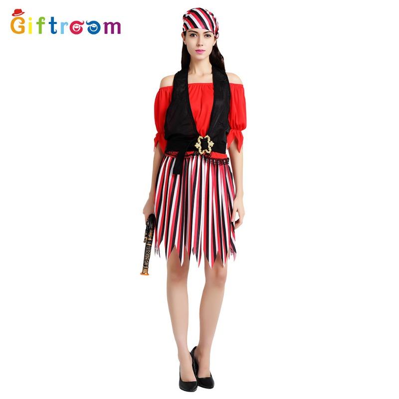 Halloween Game Uniform Adult Women Red Black Shoulders Pirate Performance Costume Caribbean Fashion Pirate Suit