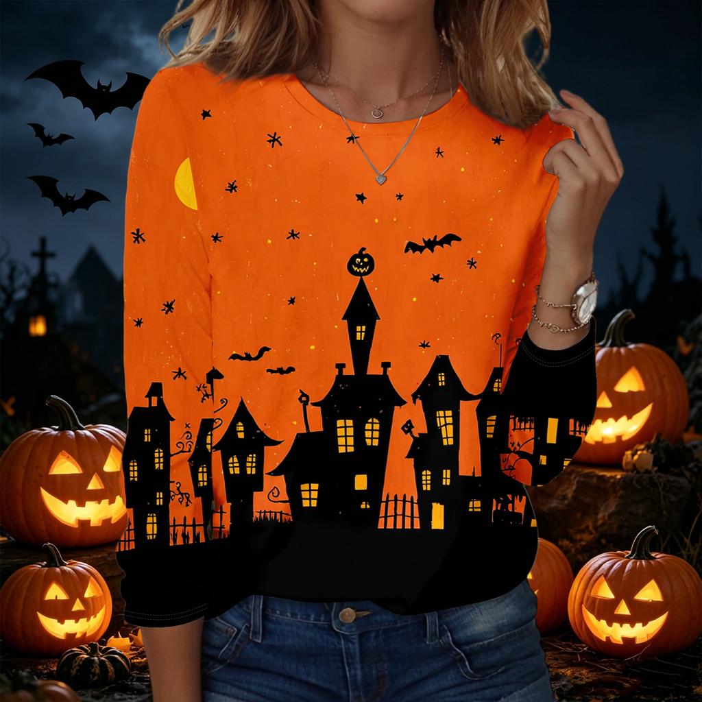 Womens Halloween Printed Crewneck Pullover Sweatshirt Long Sleeve Casual Top with Graphic Design for Seasonal Wear