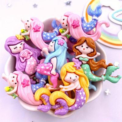10PCS Mixed Painted Resin Kawaii Colorful Mermaid Princess Girl Flatback Stone Figurines Scrapbook DIY Bow Decor Accessories Crafts