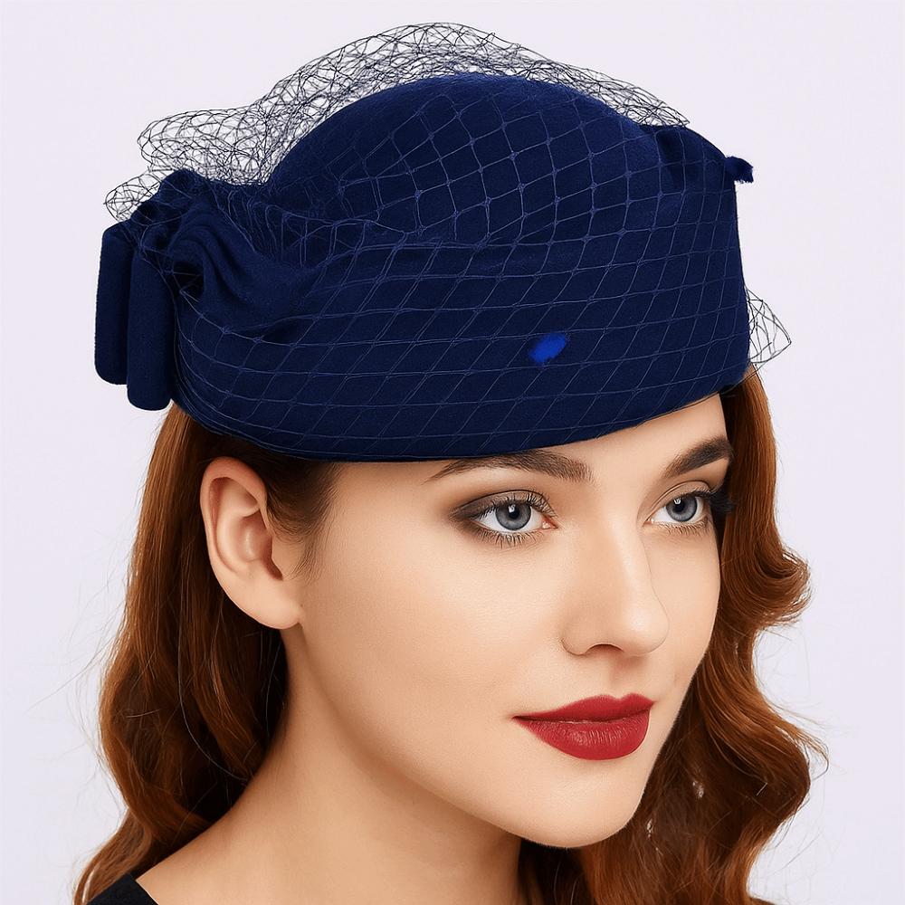 Mesh Wool Bow Hat with Veil Solid Color Topper Hat Fashion Pillbox Hat Ladies